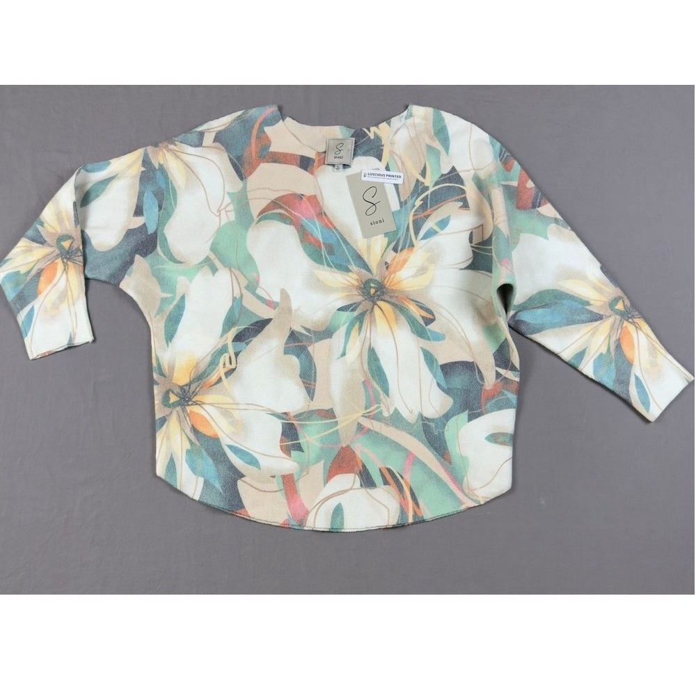 NWT Sioni Luscious Printed V-Neck Floral Dolman Sleeve Knit Top Cream Green L